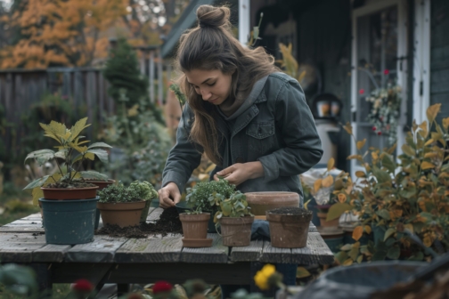 A Young woman potting plants while gardening