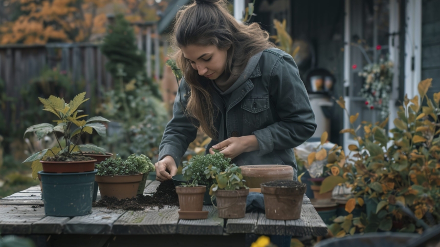 A Young woman potting plants while gardening